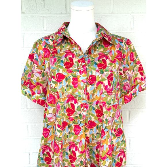 Entro Floral Button Dress Multicolor Collared Short Sleeve Tiered Hem Boho M - Picture 3 of 8